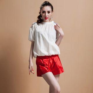 Short-sleeve Cutout-shoulder Jeweled Top