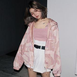 Camo Print Hooded Zip Jacket Pink - One Size