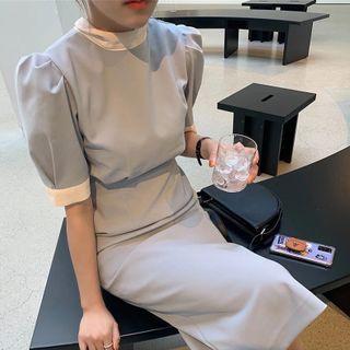 Puff Sleeve Mock Neck Contrast Trim Slit-back Sheath Dress