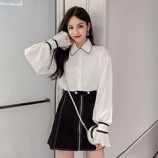 Set: Long-sleeve Contrast Lining Shirt + Mini A-line Skirt