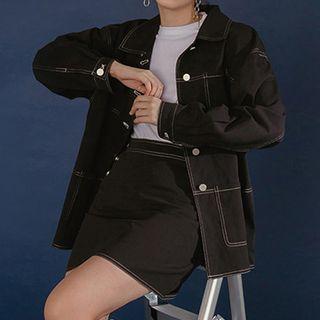 Set: Contrast Stitching Button Jacket + High-waist Mini A-line Skirt