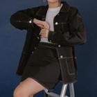 Set: Contrast Stitching Button Jacket + High-waist Mini A-line Skirt