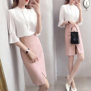 Chiffon Elbow-sleeve Blouse / Front Slit Pencil Skirt / Set