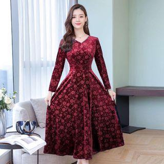 Long-sleeve Jacquard Midi A-line Dress
