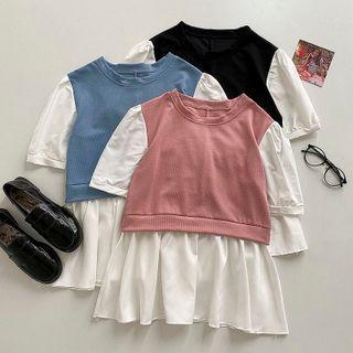 Puff-sleeve Round Neck Mock Two-piece Top