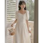 Puff-sleeve Frog-button Midi A-line Dress