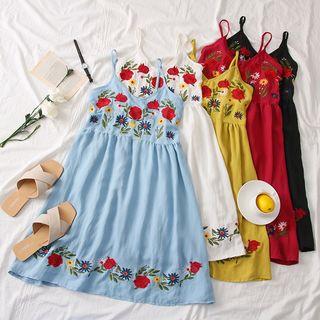 Flower-embroidered Sleeveless Dress
