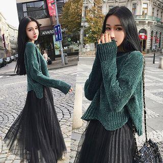 Set : Long-sleeve Plain Sweater + Mesh Accordion Pleat Skirt