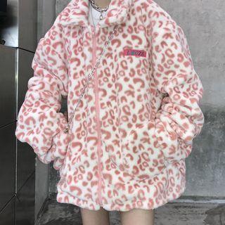 Leopard Print Fleece Zip-up Jacket Pink - One Size