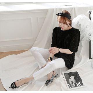 Puff-shoulder Elbow-sleeve Lace Top