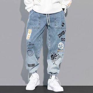 Mid Rise Printed Drawstring Baggy Jeans
