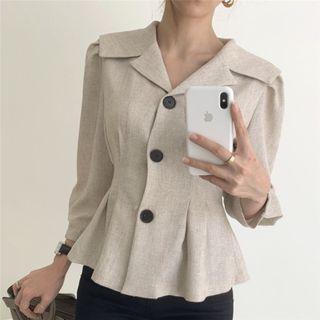 Long Sleeve V Neck Shirred Plain Shirt Oatmeal - One Size