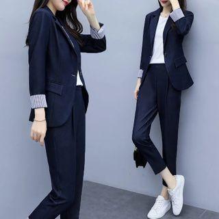One-button Blazer / Cropped Straight Leg Dress Pants / Set