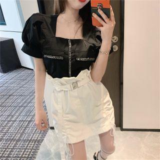 Chain-accent Square-neck Crop Top / Paperbag High-waist Drawstring Mini Skirt With Belt