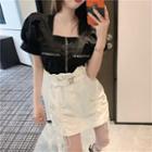 Chain-accent Square-neck Crop Top / Paperbag High-waist Drawstring Mini Skirt With Belt