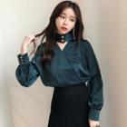 Mock-neck Cutout Blouse As Shown In Figure - One Size