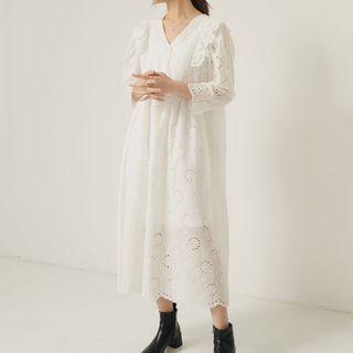 Lace Long-sleeve Midi Shirt Dress