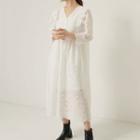 Lace Long-sleeve Midi Shirt Dress