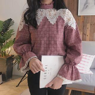Lace Panel Plaid Mock-neck Blouse