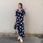 Floral V-neck Short-sleeve Dress Blue - One Size