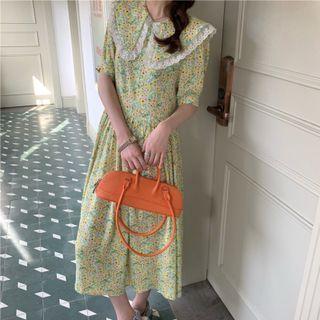 Short-sleeve Wide Collar Floral Print Midi A-line Dress / Plain Blazer