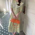 Short-sleeve Wide Collar Floral Print Midi A-line Dress / Plain Blazer