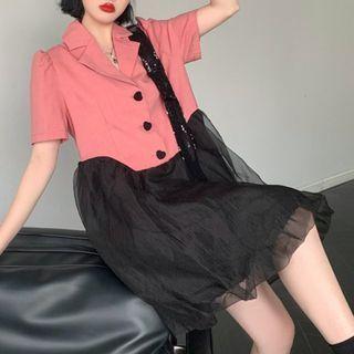 Short-sleeve Henley Mesh Panel Blazer Dress