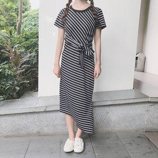 Lace Panel Striped Short Sleeve Dress