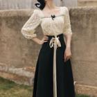Square-neck Lace Bow Blouse / High-waist Drawstring A-line Skirt