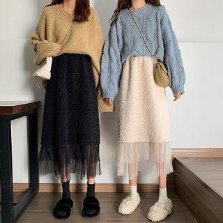 Faux Shearling Paneled Midi Mesh Skirt