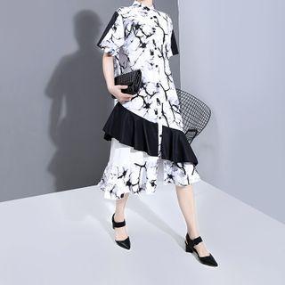 Short-sleeve Marble Print Ruffled Midi Shirtdress White - One Size