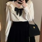 Long-sleeve Peter Pan Collar Lace Trim Shirt / Velvet Mini Skirt