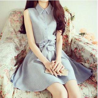Plaid Sleeveless Collared A-line Dress