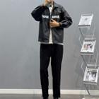 Lettering Faux-leather Jacket / Short-sleeve Lettering T-shirt / Plain Slim-fit Pants