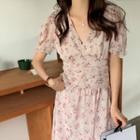 Short-sleeve Floral Midi A-line Dress Pink & Green & Grayish Beige - One Size