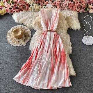 Sleeveless V-neck Gradient Midi A-line Dress