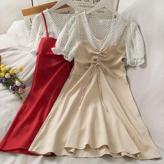 Patchwork Drawstring V-neck Mini Dress