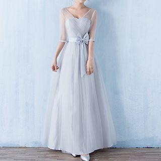 Elbow Sleeve A-line Evening Gown