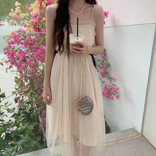 Spaghetti Strap Mesh Midi A-line Dress Almond - One Size