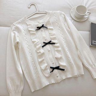 Single-breasted Ruffled-trim Crewneck Long-sleeve Knit Top White - One Size