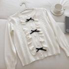 Single-breasted Ruffled-trim Crewneck Long-sleeve Knit Top White - One Size