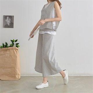Set: Lettering Embossed Overlay Tank Top + Wide-leg Pants