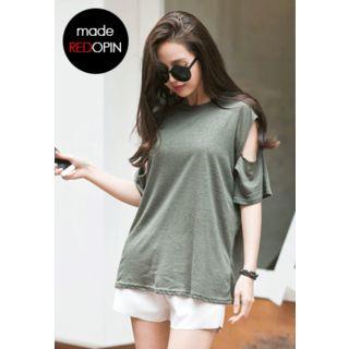 Cutout-sleeve Linen Blend Top