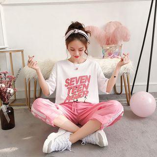 Set: Lettering Short-sleeve T-shirt + Contrast Trim Wide-leg Pants