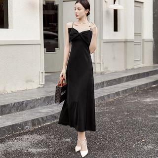 Sleeveless Bow Plain Slim-fit Dress
