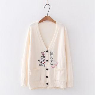 Tie-neck Long-sleeve Blouse / Cat Jacquard Knit Cardigan