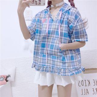 Elbow-sleeve Plaid Hooded Blouse Blue - One Size