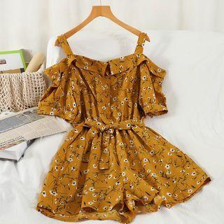 Short-sleeve Floral Print Cold-shoulder Romper