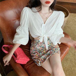 Puff-sleeve Cropped Blouse / Flower Print Mini Pencil Skirt