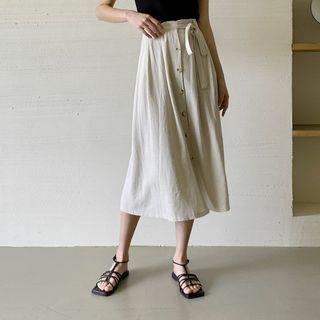 Button-up Long Linen Blend Skirt With Sash